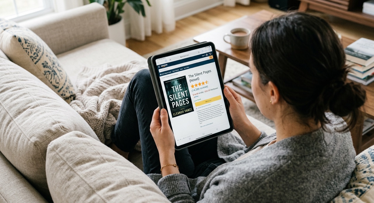 A reader browsing five-star Amazon reviews on an iPad