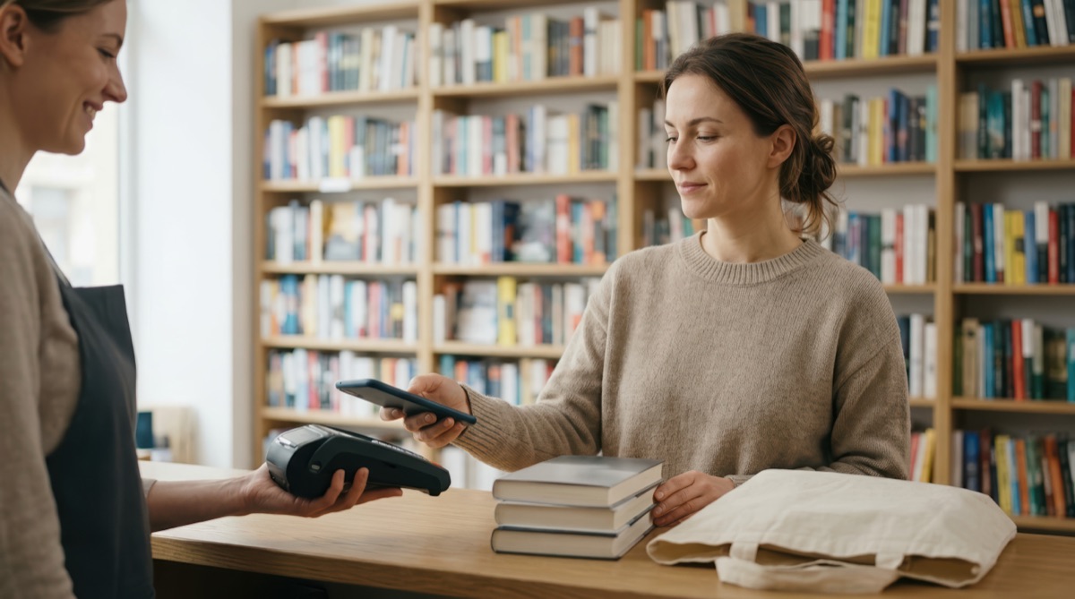 A customer paying for books in a bookshop
